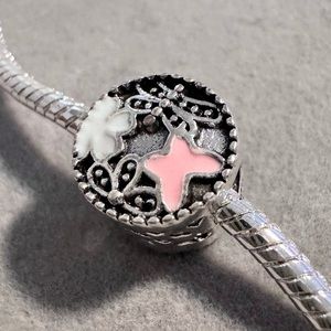Pink Butterfly Silver Beaded Charm fits PANDORA
